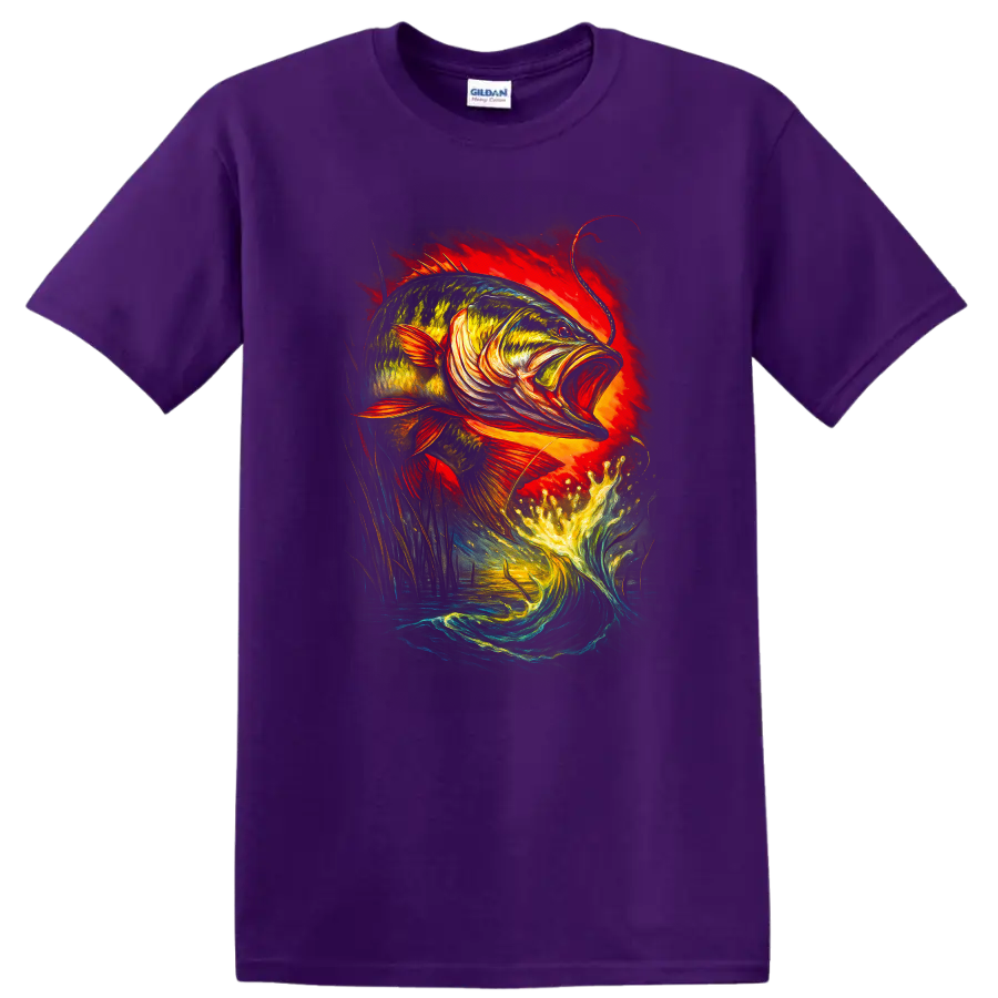 Colorful Leaping Bass Fish Art T Shirt for Anglers and Outdoorsmen - Purple