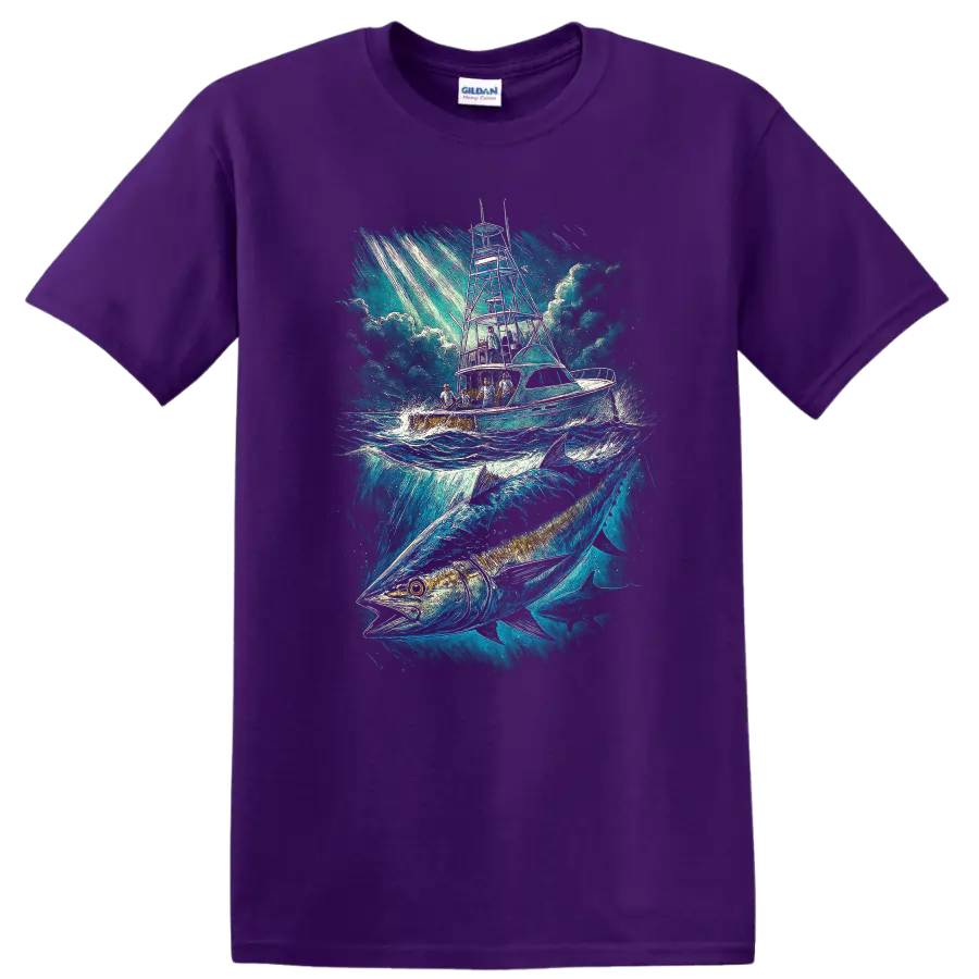 Ocean Fishing Boat and Big Fish T Shirt Blue Maritime Angler Art - Purple