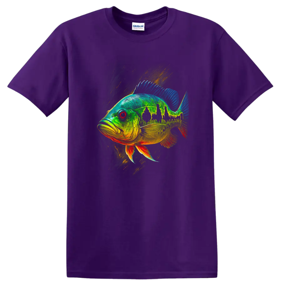Colorful Fish Art T Shirt Neon Tropical Bass Graphic Tee - Purple