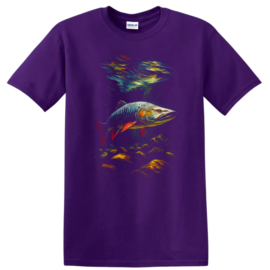 Colorful Fish Art T Shirt, Vibrant Underwater Bass Design for Anglers - Purple