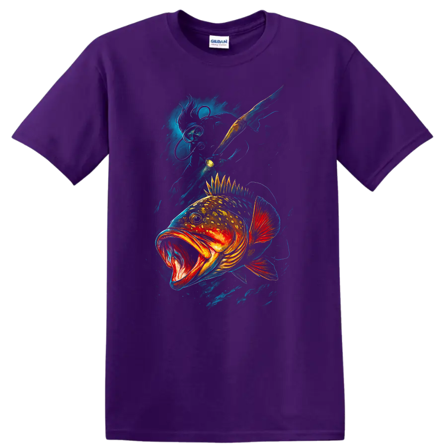 Colorful Bass Fish Art T Shirt Bold Deep Sea Angler Design - Purple
