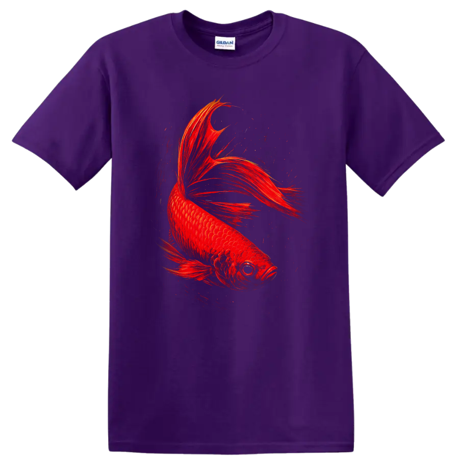 Fiery Red Betta Fish Art Graphic T Shirt for Fish Lovers - Purple