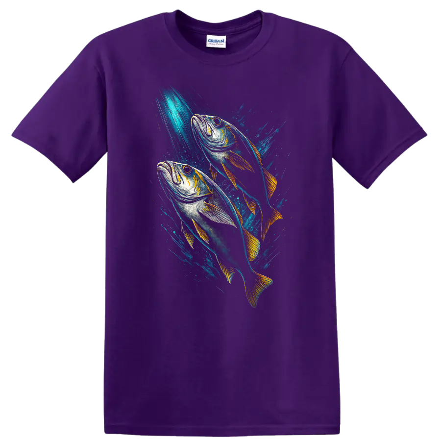 Colorful Fish Duo Splash Art T Shirt for Ocean and Angler Style - Purple