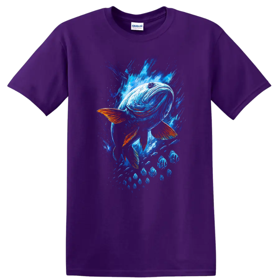 Abstract Blue Fish Splash Art T Shirt for Ocean Lovers and Anglers - Purple