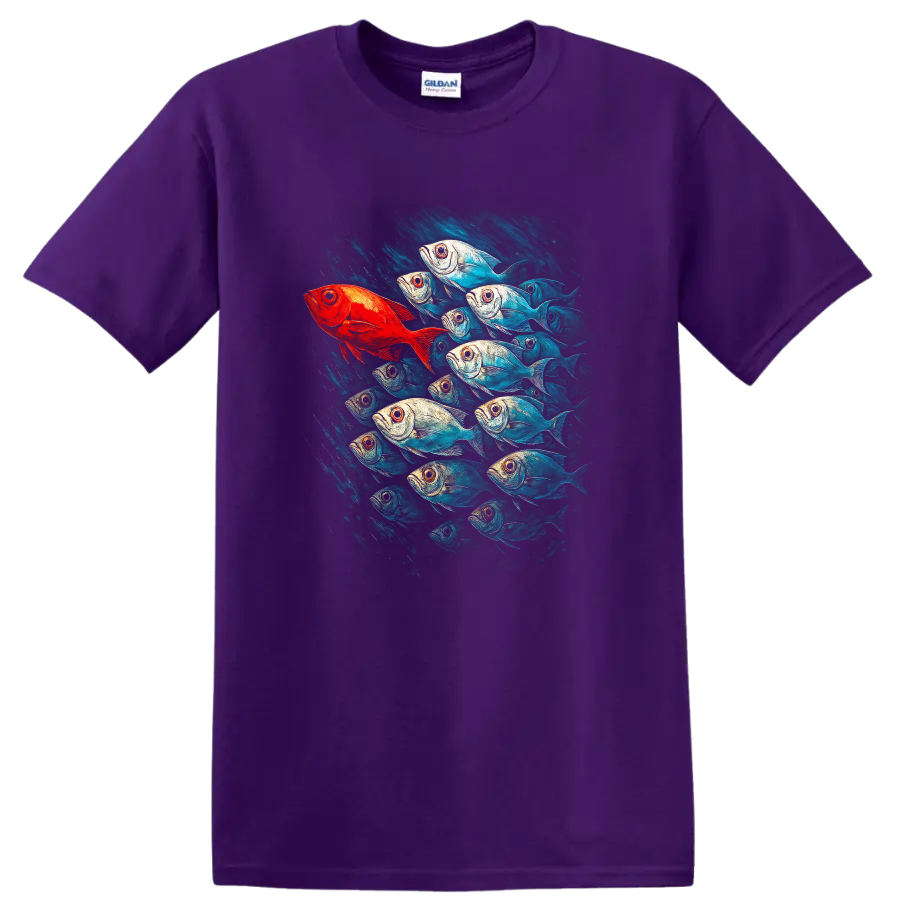 Vibrant Schooling Fish Art T Shirt Colorful Ocean Wildlife Design - Purple