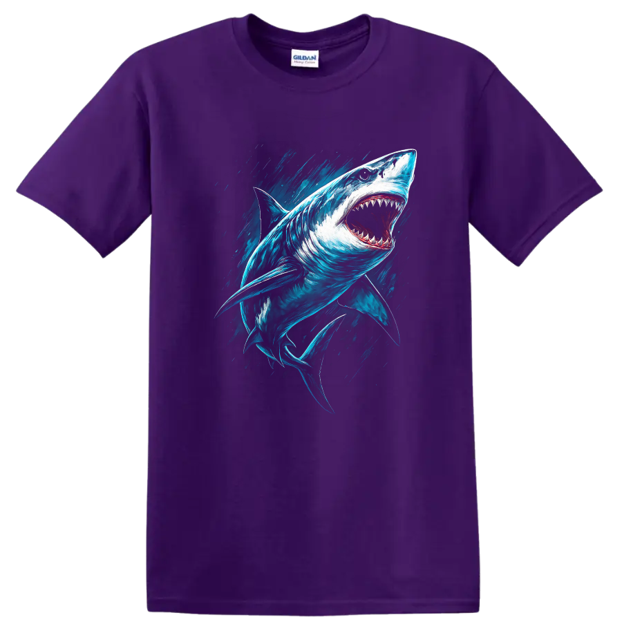 Aggressive Great White Shark Splash Art Fish T Shirt for Ocean Lovers - Purple