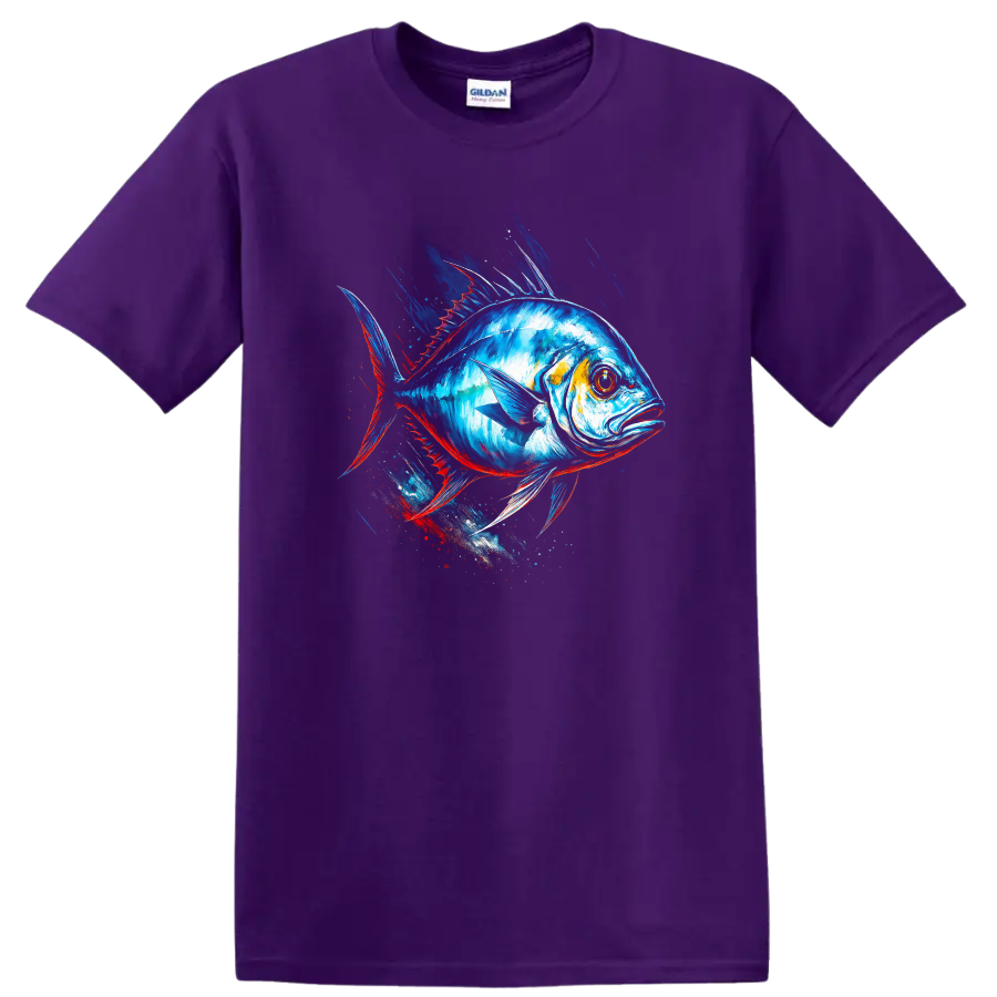 Vibrant Blue Fish Splash Art T Shirt for Anglers and Ocean Lovers - Purple