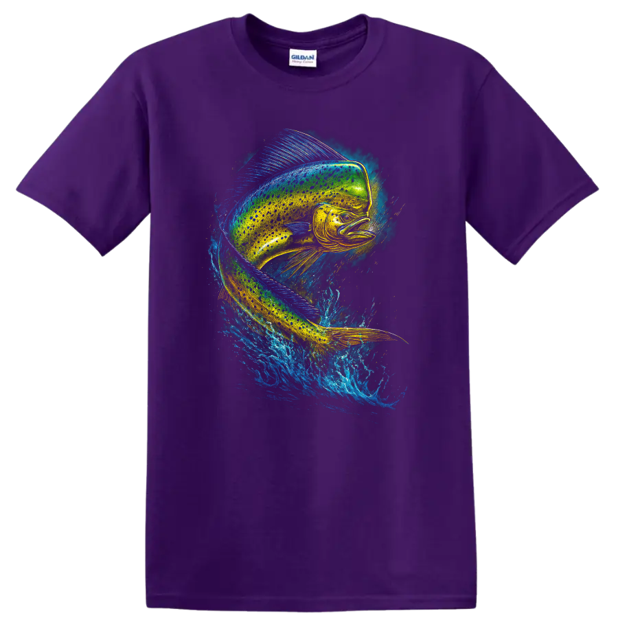 Vibrant Fish Splash Art T Shirt Colorful Jumping Fish Design - Purple