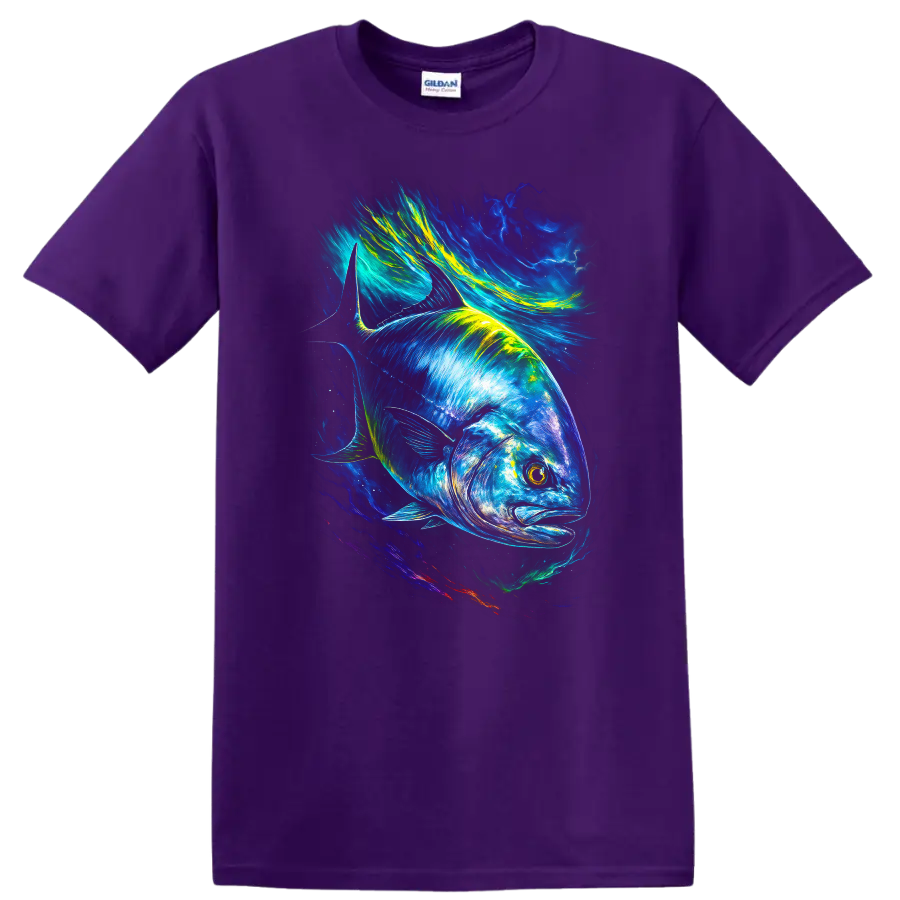 Vibrant Blue Fish Neon Ocean Art T Shirt for Anglers and Nature Lovers - Purple