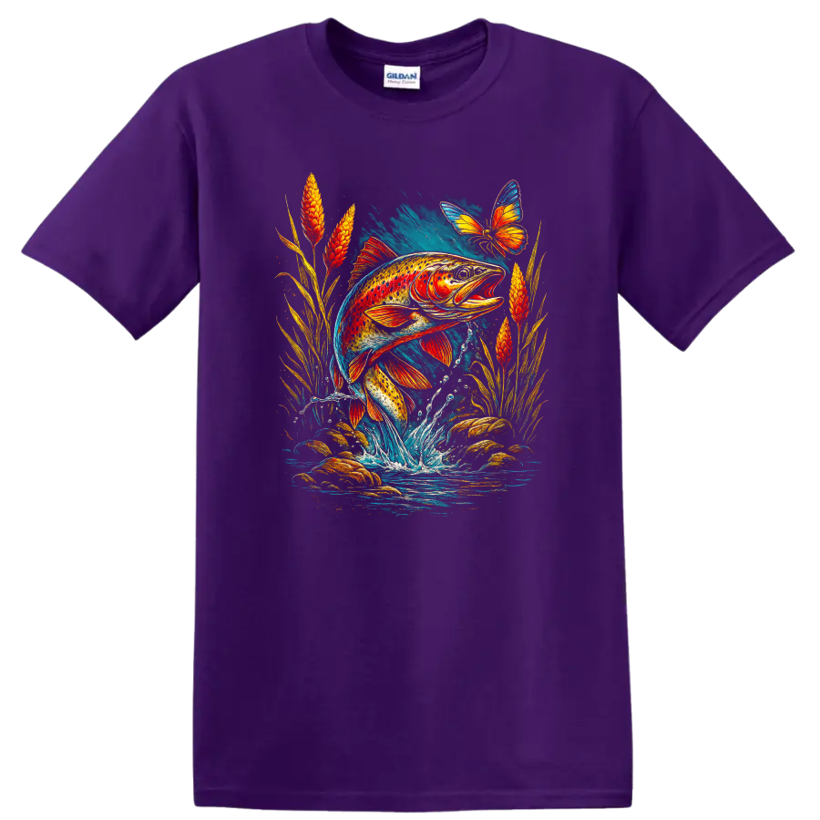 Colorful Fish Jumping Water Art T Shirt with Butterfly Nature Design - Purple