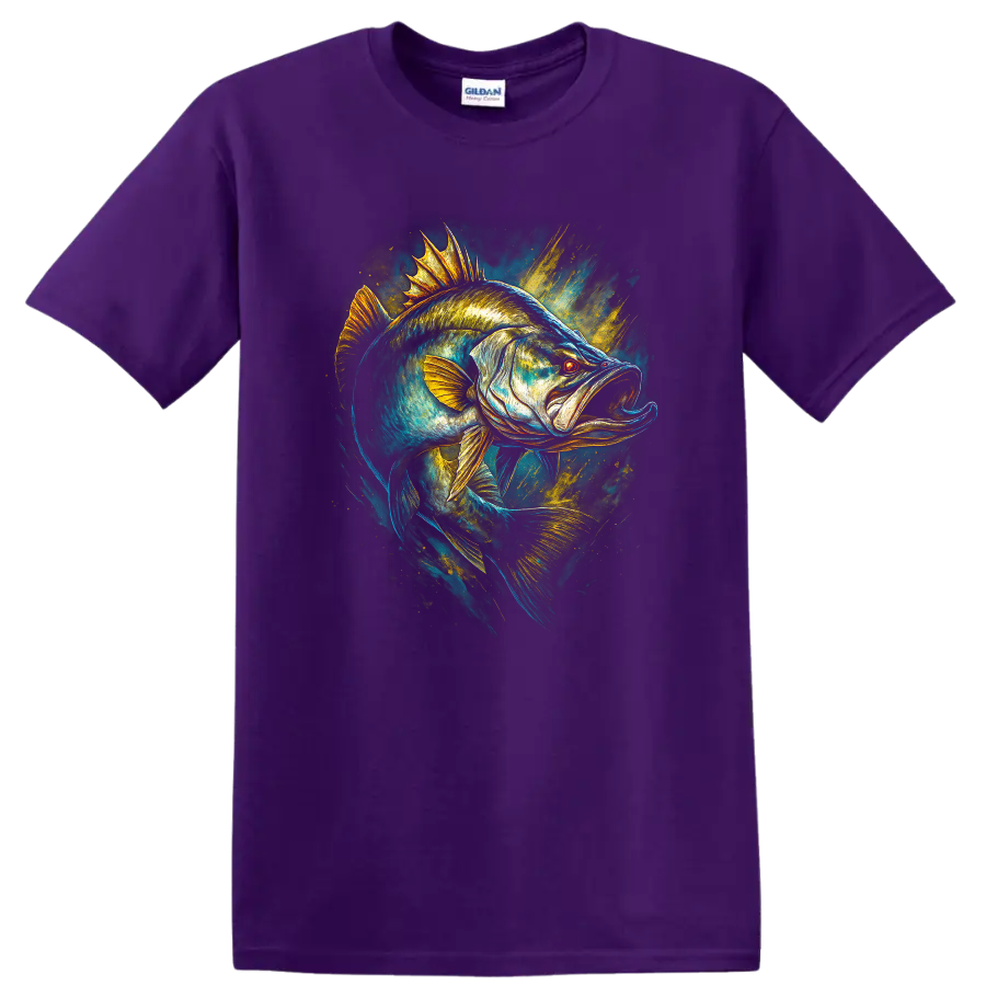 Electric Bass Fish Artwork T Shirt, Vibrant Angler Style Graphic Tee - Purple
