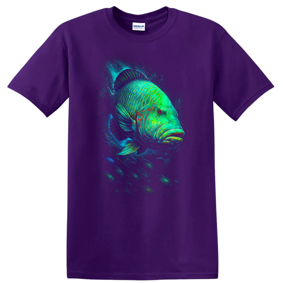 Neon Green Blue Fish Art T Shirt Deep Sea Tropical Wildlife Graphic - Purple