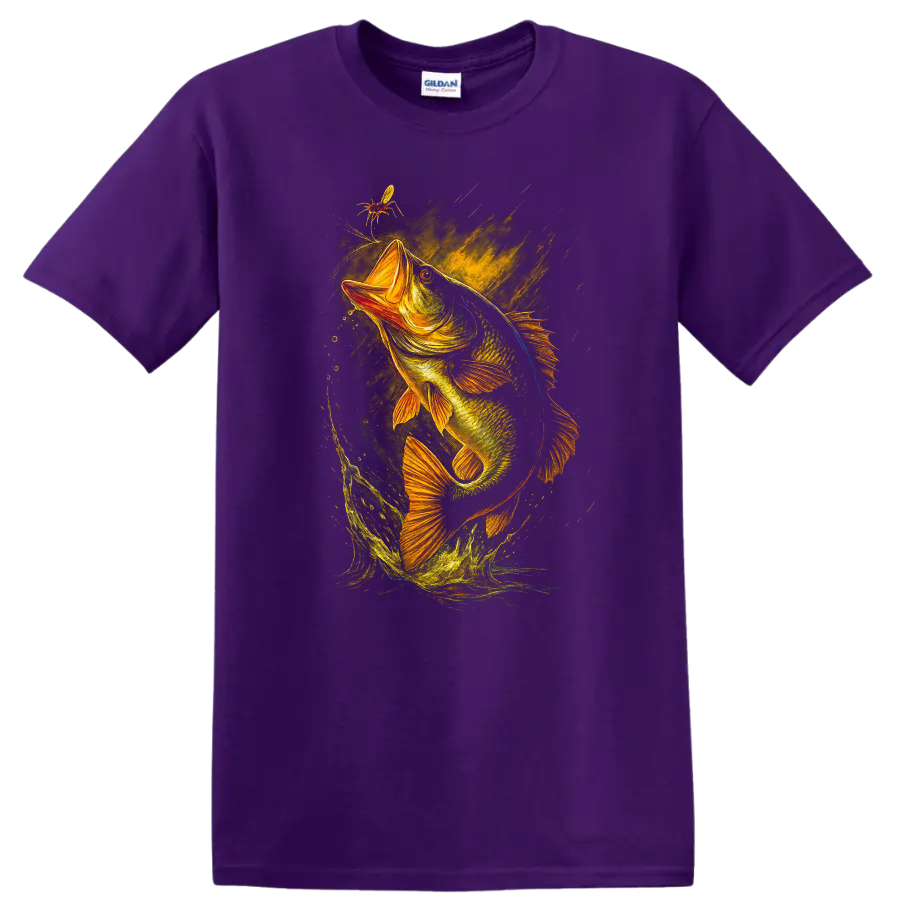 Largemouth Bass Jumping Fish Art T Shirt for Anglers and Fishermen - Purple