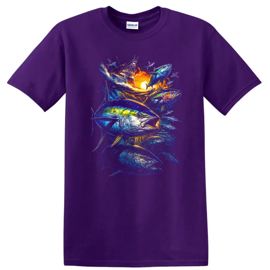 Vibrant Tuna Fishing Boat Fish Art T Shirt for Anglers and Ocean Lovers - Purple