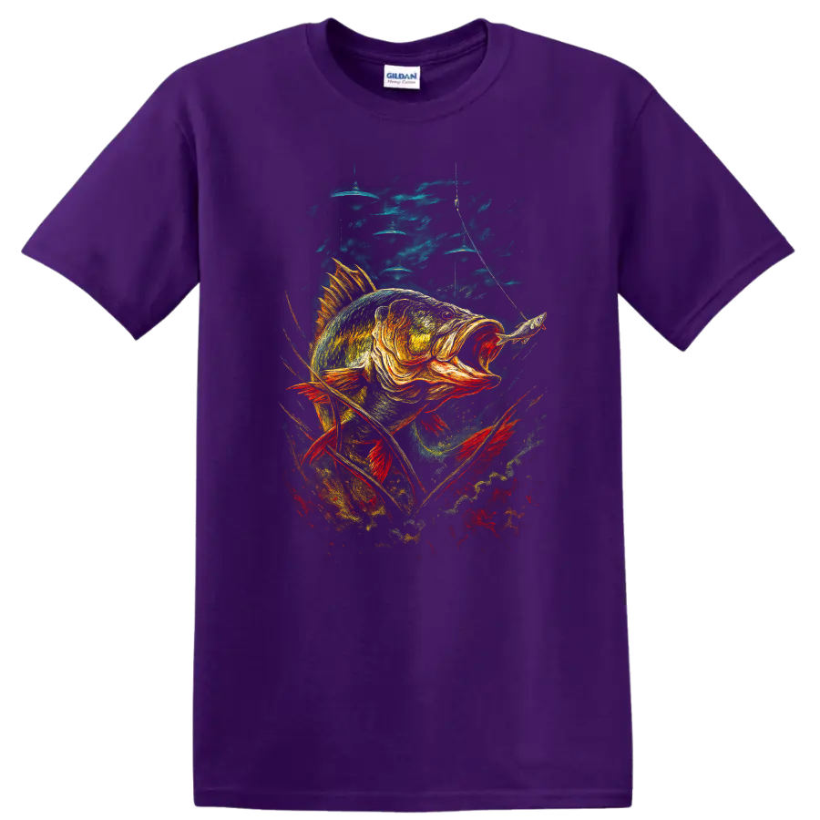 Colorful Bass Fish Angler Art T Shirt for Fishing Lovers - Purple