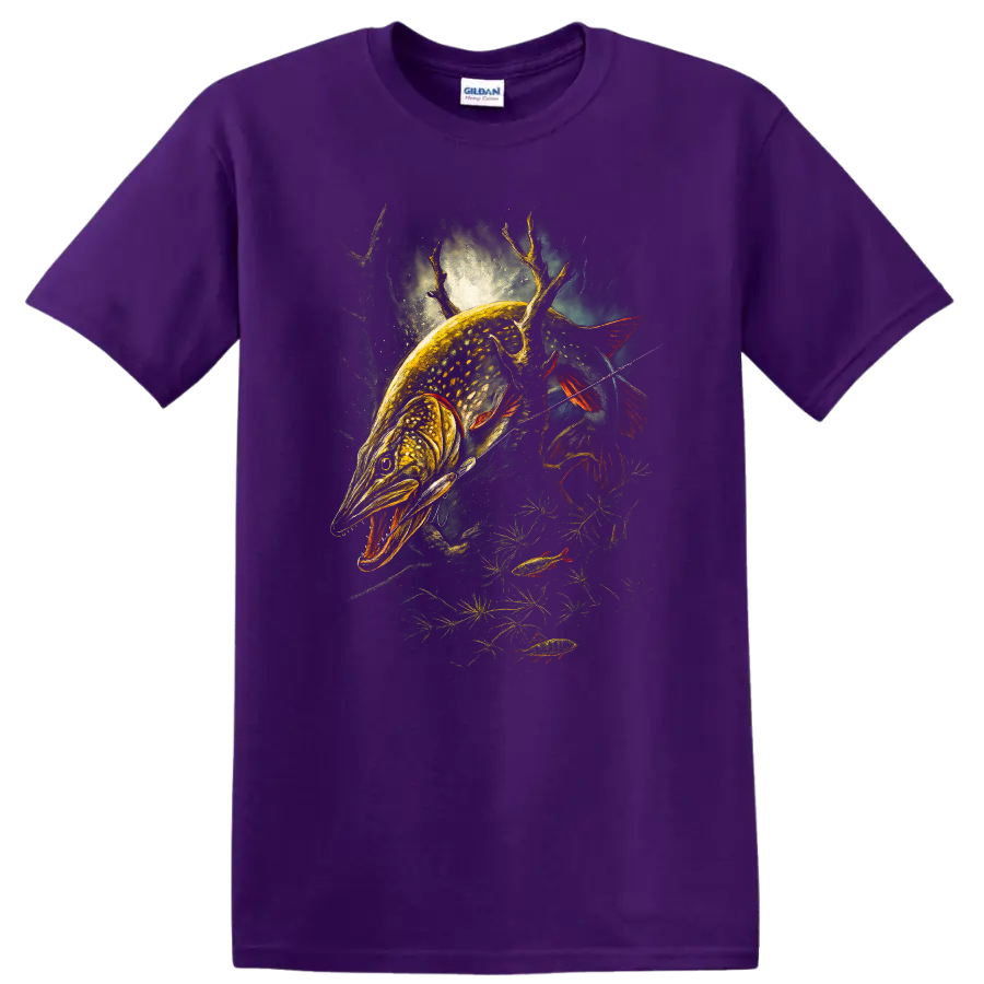 Glowing Pike Fish Hunting Art T Shirt for Anglers and Outdoorsmen - Purple