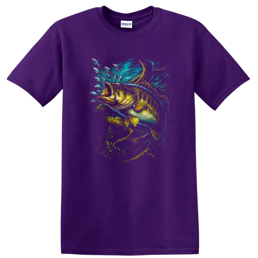 Colorful Fish Splash Art T Shirt, Vibrant Aquatic Bass Graphic - Purple