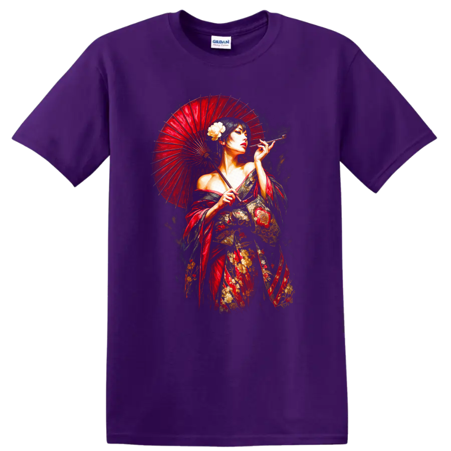 Japanese Geisha with Red Umbrella T Shirt Elegant Floral Art - Purple