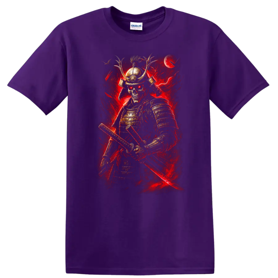 Japanese Samurai Skeleton Warrior T Shirt Red Armor Katana Art - Purple