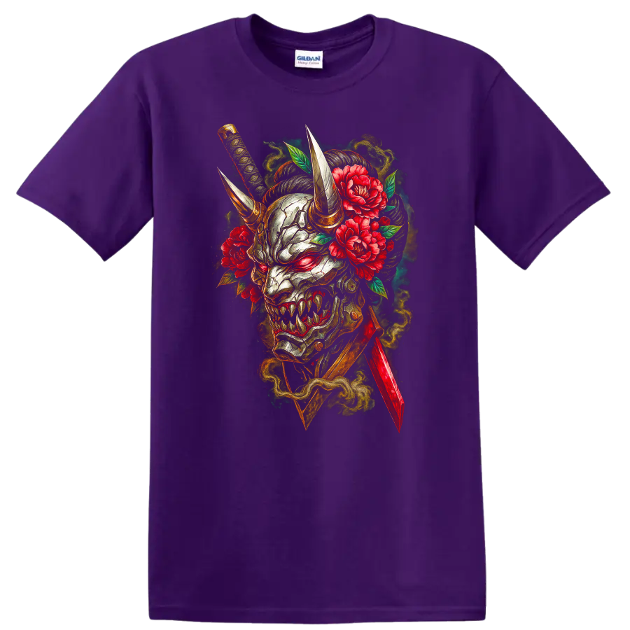 Japanese Oni Demon Mask with Horns and Peonies T Shirt - Purple