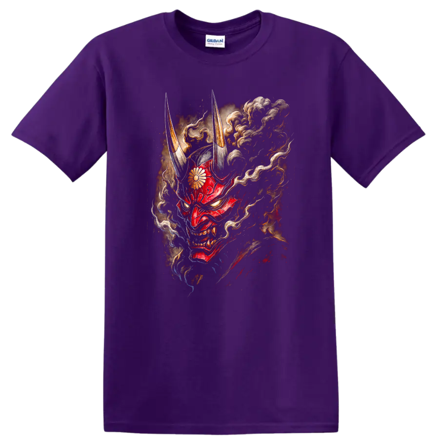 Japanese Oni Mask Red Demon T Shirt with Horns and Smoke - Purple
