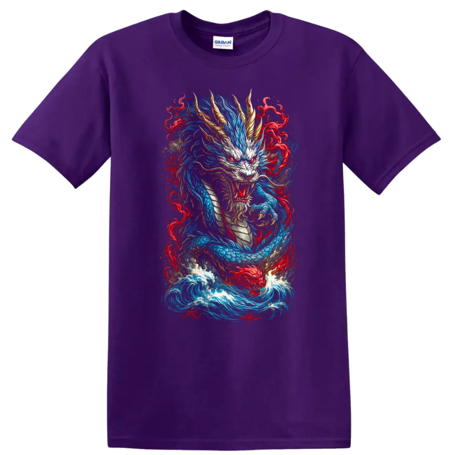 Japanese Dragon Flame Art T Shirt Blue Red Mythical Warrior Design - Purple