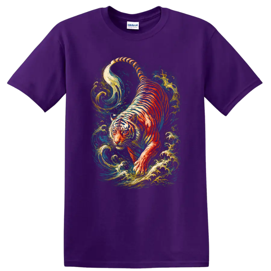 Japanese Style Tiger Art T Shirt Colorful Water Swirl Graphic - Purple