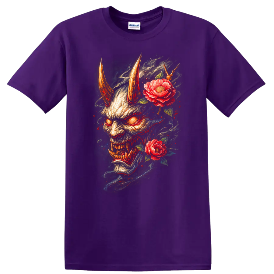Japanese Oni Demon Mask with Flowers Dark Art T Shirt - Purple