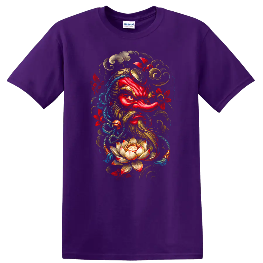 Japanese Oni Samurai Mask Lotus Floral Art T Shirt - Purple