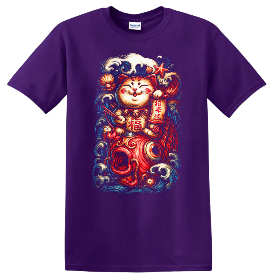Japanese Lucky Cat Koi Waves Maneki Neko T Shirt - Purple