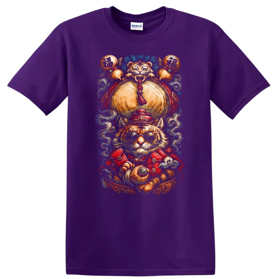 Japanese Style Lucky Tiger T Shirt with Ornate Fox Fire Festival Art - Purple