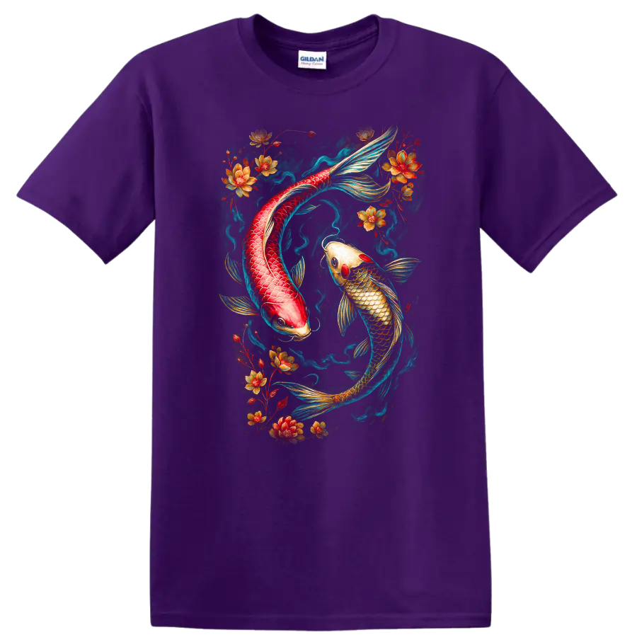 Japanese Style Koi Fish Floral Art T Shirt Vibrant Asian Tattoo Design - Purple