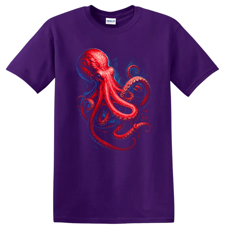 Japanese Style Red Octopus Sea Creature Art T Shirt on a Purple T Shirt