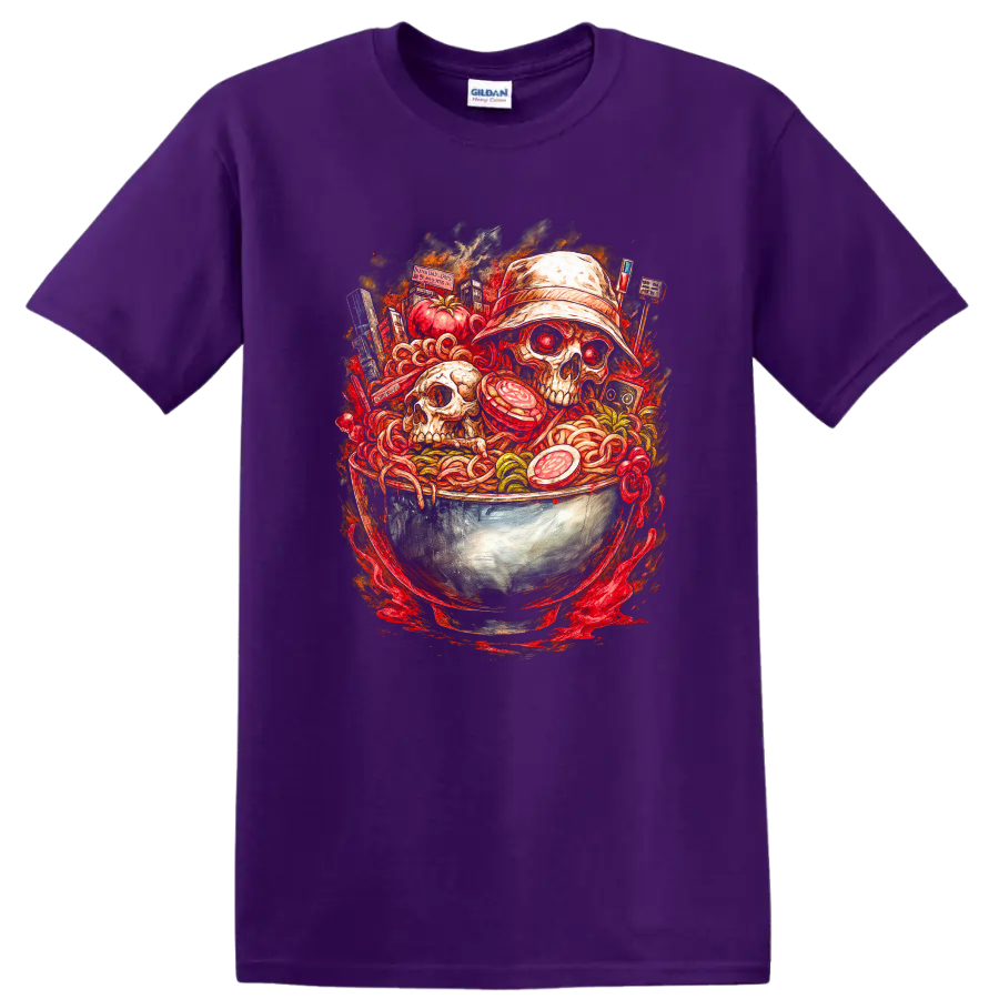 Japanese Style Skull Ramen Bowl Art T Shirt for Streetwear Fans - Purple