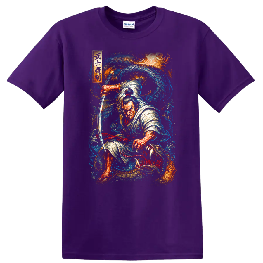 Japanese Samurai Dragon Warrior T Shirt Fierce Katana Art - Purple
