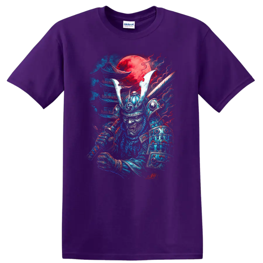 Japanese Samurai Oni Warrior T Shirt with Red Moon Samurai Art - Purple