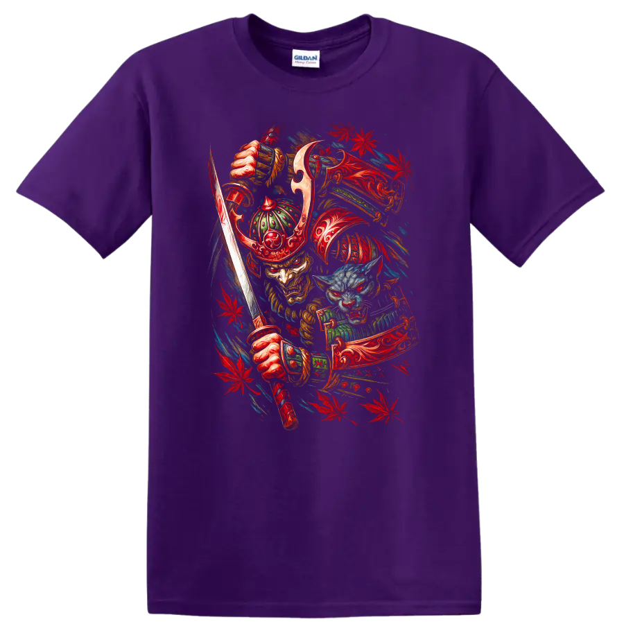 Japanese Samurai Mask T Shirt Red Dragon Warrior Graphic Tee on a Purple T Shirt