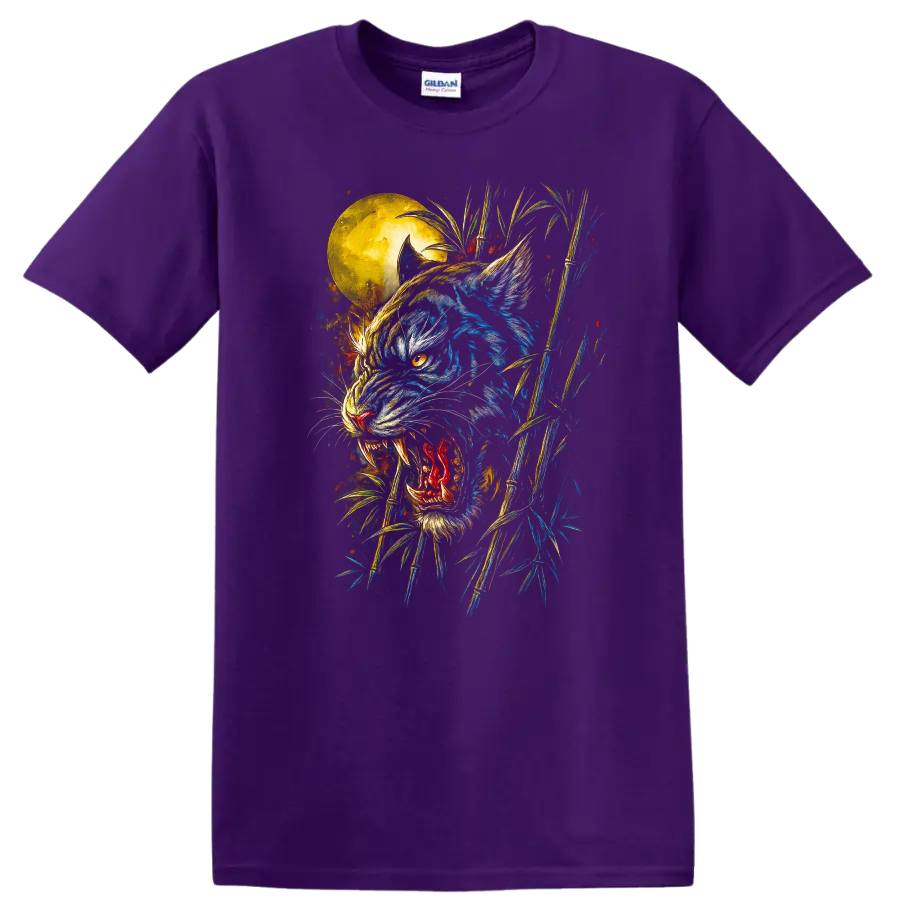 Japanese Style Blue Tiger Moon Bamboo T Shirt for Bold Streetwear - Purple