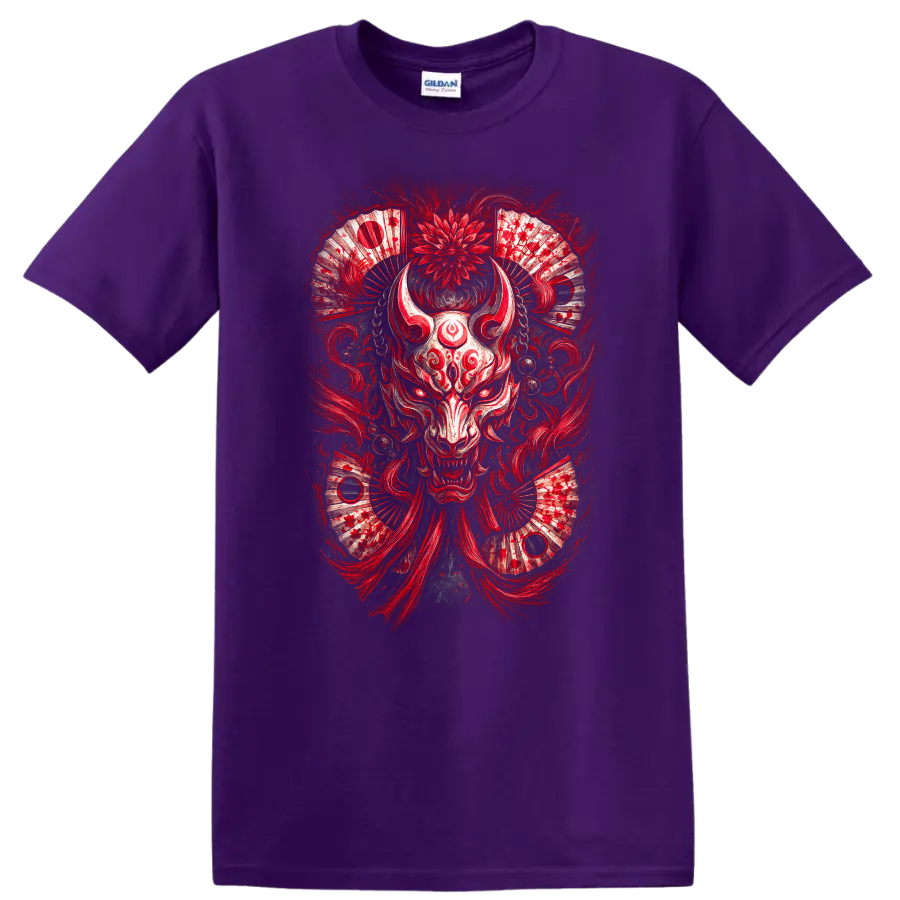 Japanese Oni Mask Red Samurai Demon Art T Shirt on a Purple T Shirt