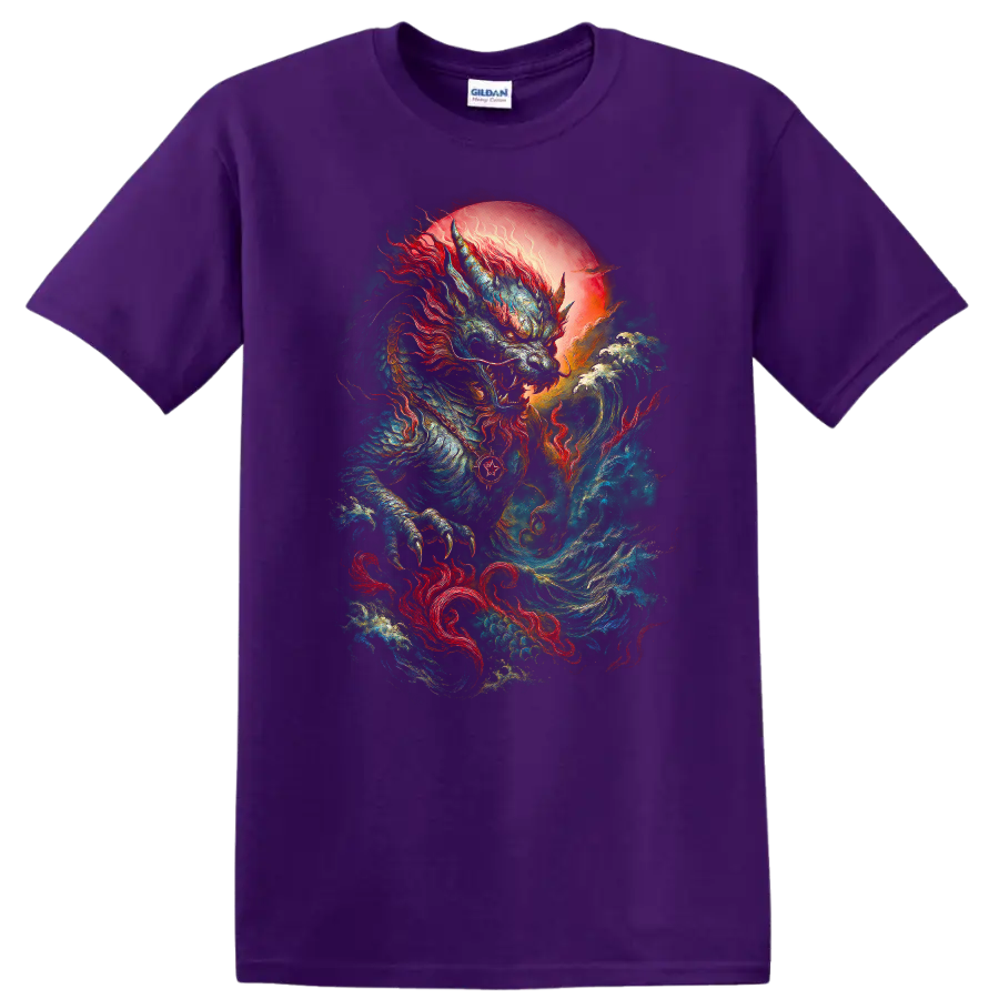 Japanese Dragon Wave Art T Shirt Bold Mythic Samurai Style - Purple