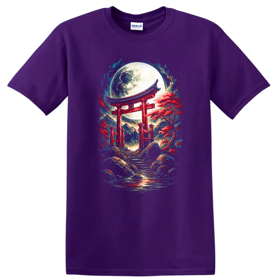 Japanese Torii Moon T Shirt Red Temple Garden Art Tee - Purple
