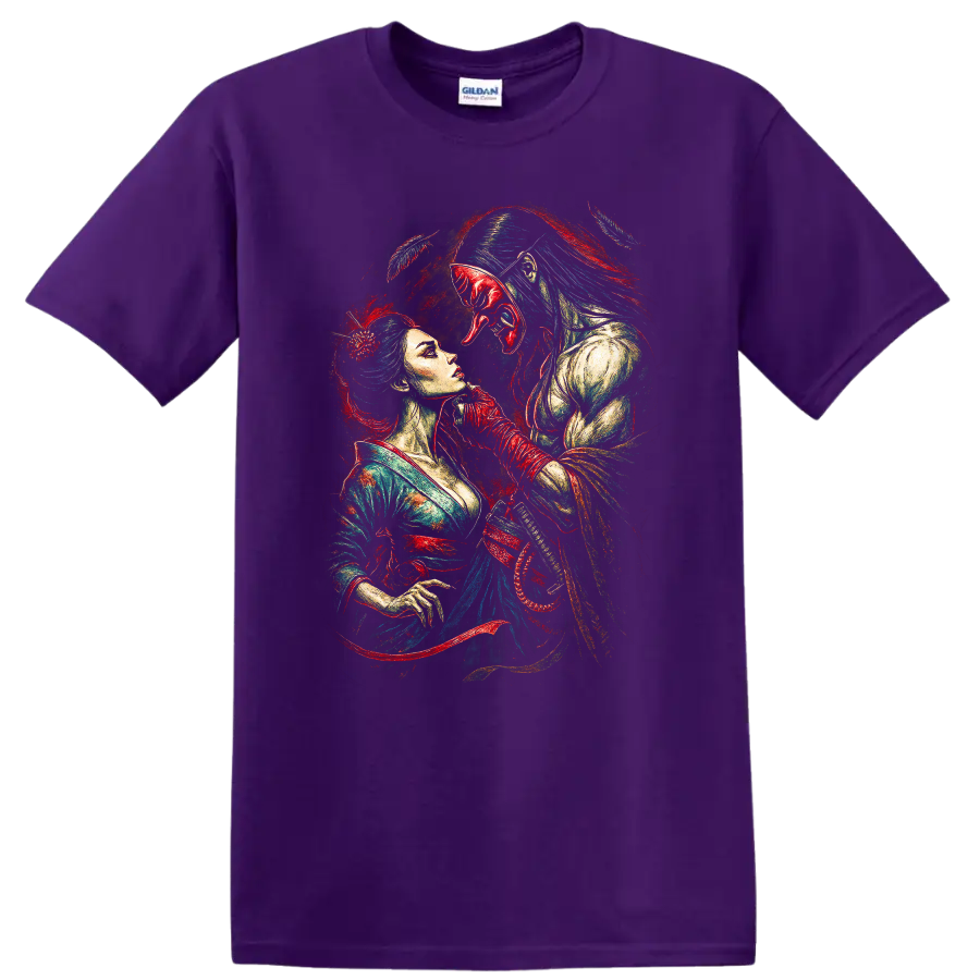Japanese Style Samurai Woman and Shogun Mask Art T Shirt - Purple