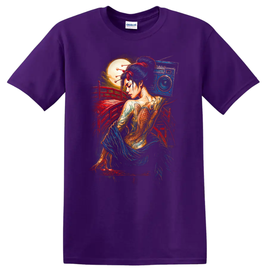 Japanese Geisha Fish Tattoo Art T Shirt with Red Bridge and Moon - Purple