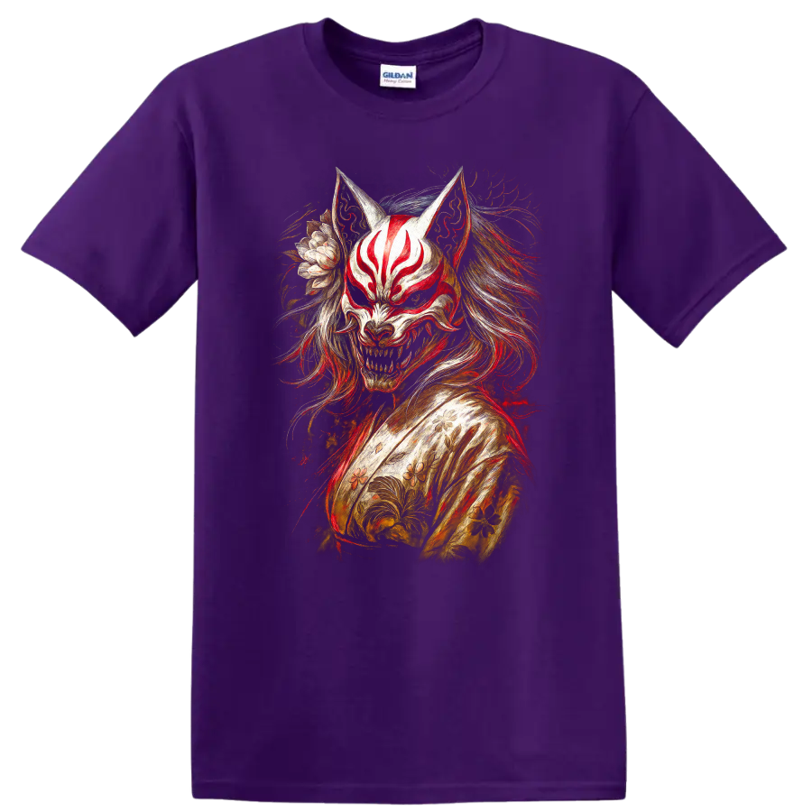 Japanese Fox Mask Oni Style T Shirt with Floral Samurai Art - Purple