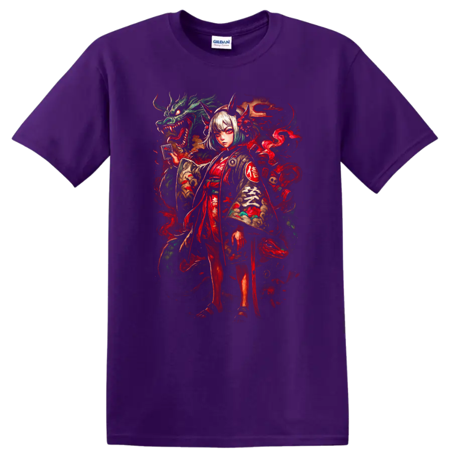 Japanese Style Demon Girl and Dragon Art T Shirt - Purple