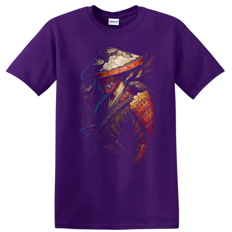 Japanese Style Warrior Mask T Shirt Colorful Fantasy Art - Purple