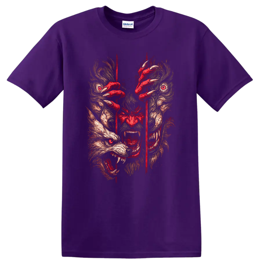 Japanese Oni Mask Graphic T Shirt with Red Claws and Fierce Demon Art - Purple