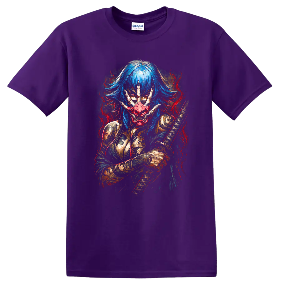 Japanese Style Oni Mask Blue Hair Samurai T Shirt Dark Fantasy Art - Purple