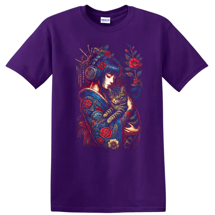 Japanese Style Woman With Cat Floral Art T Shirt - Purple