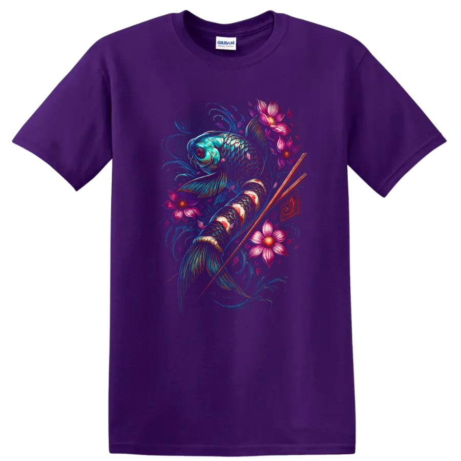 Japanese Koi Fish Floral Art T Shirt, Vibrant Watercolor Design - Purple
